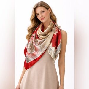 Elegant silky multicolored (red, cream, grey) Scarf 34 x 35 inches